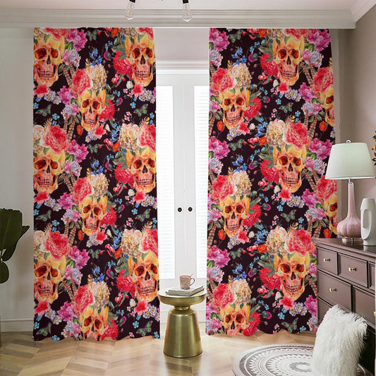 Blossom Peony Skull Pattern Print Blackout Pencil Pleat Curtains