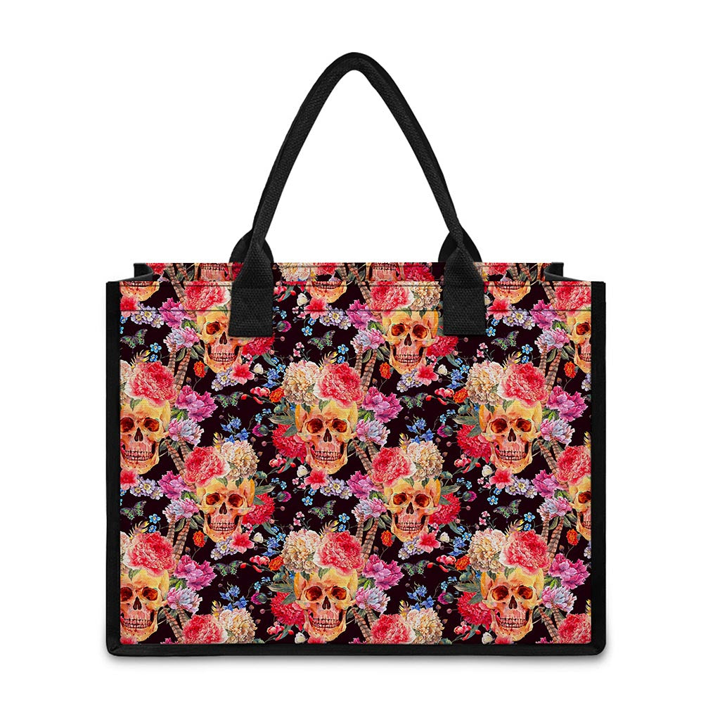 Blossom Peony Skull Pattern Print Canvas Tote Bag