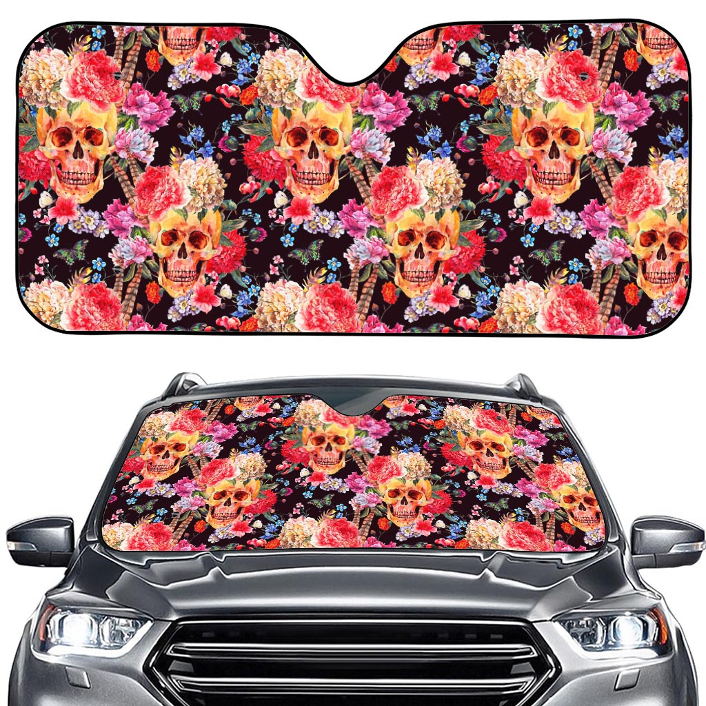 Blossom Peony Skull Pattern Print Car Windshield Sun Shade