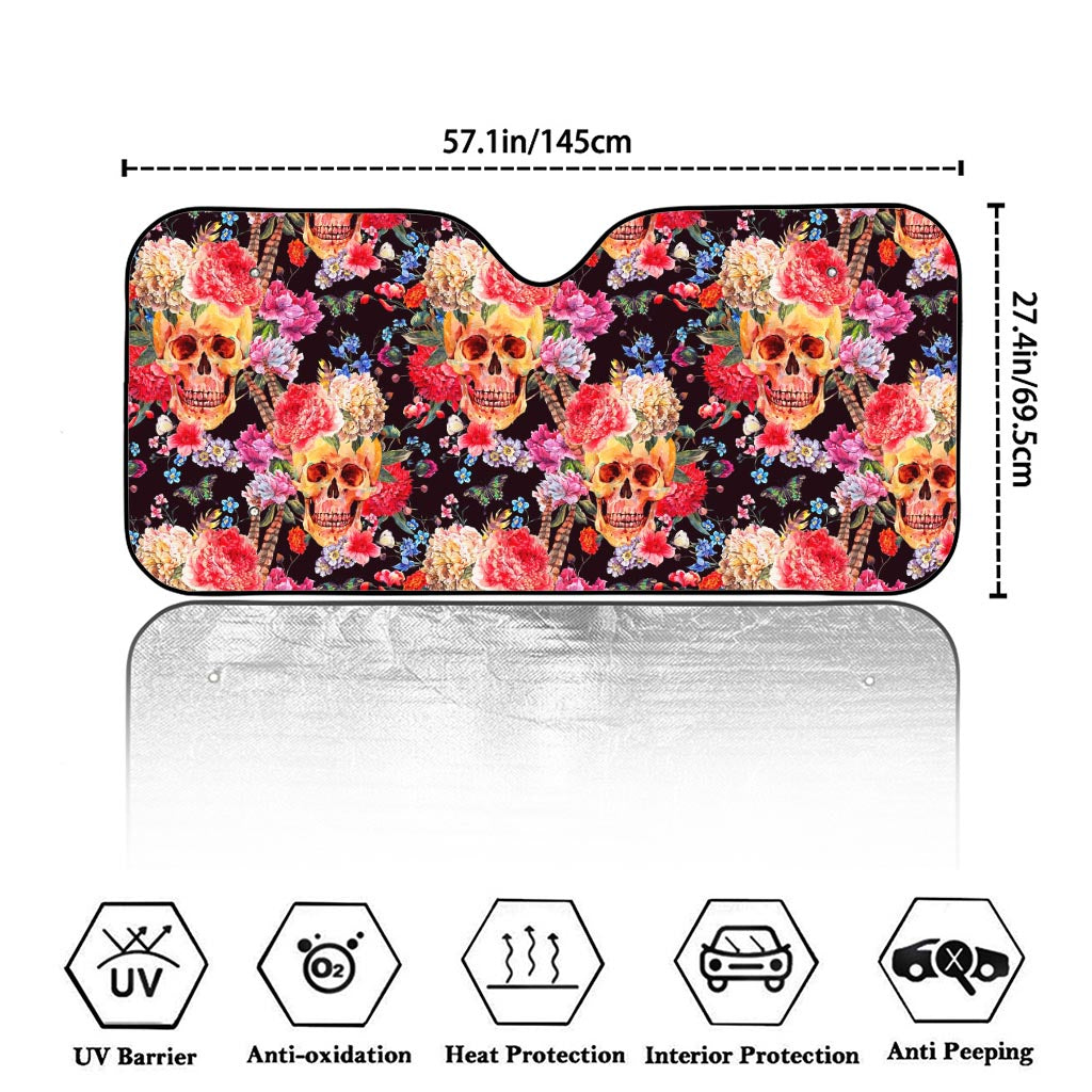 Blossom Peony Skull Pattern Print Car Windshield Sun Shade