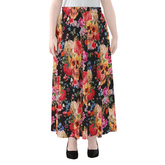 Blossom Peony Skull Pattern Print Chiffon Maxi Skirt