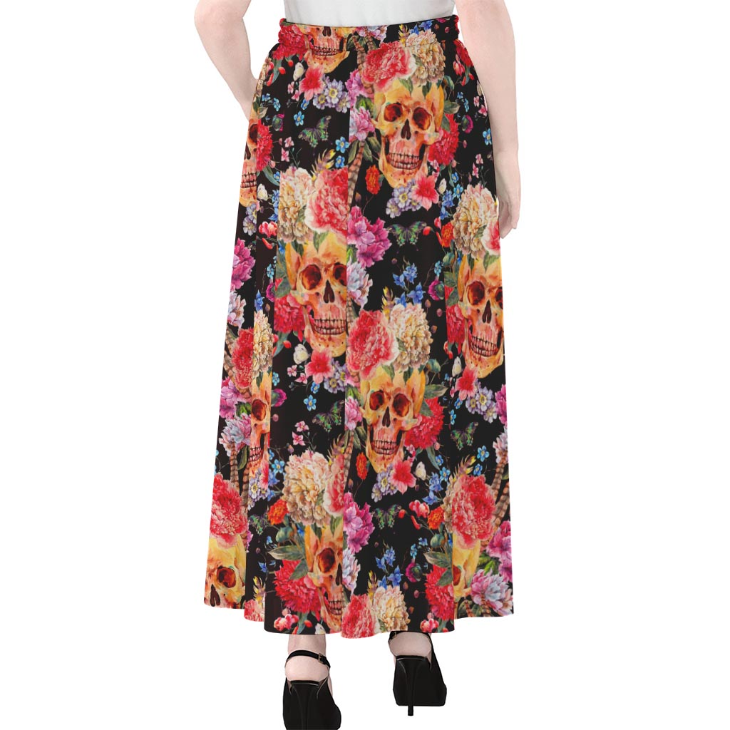 Blossom Peony Skull Pattern Print Chiffon Maxi Skirt
