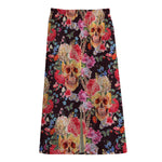 Blossom Peony Skull Pattern Print Cotton Front Slit Maxi Skirt