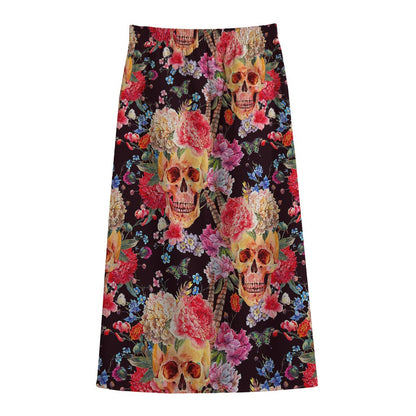 Blossom Peony Skull Pattern Print Cotton Front Slit Maxi Skirt