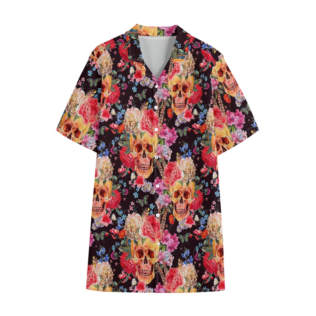 Blossom Peony Skull Pattern Print Cotton Hawaiian Shirt