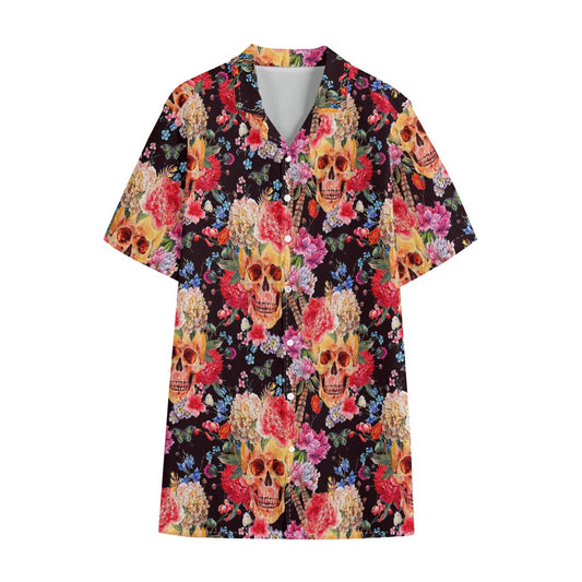 Blossom Peony Skull Pattern Print Cotton Hawaiian Shirt