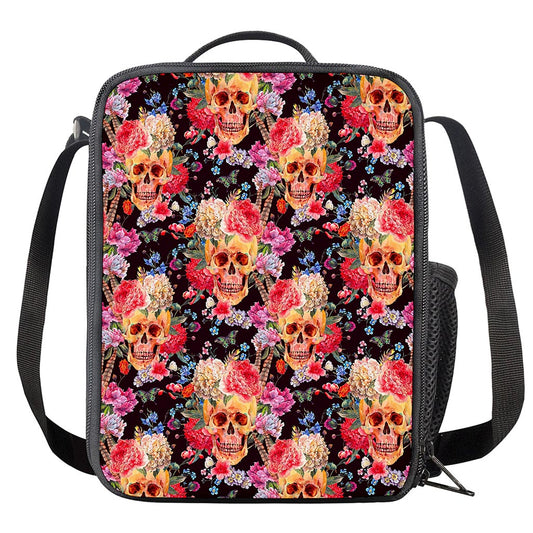 Blossom Peony Skull Pattern Print Crossbody Lunch Bag