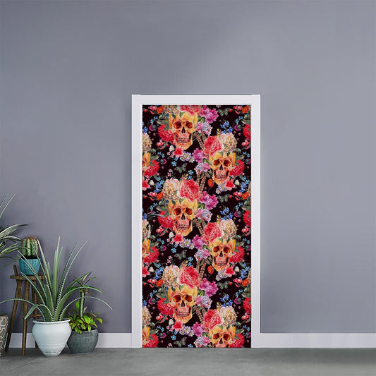 Blossom Peony Skull Pattern Print Door Sticker