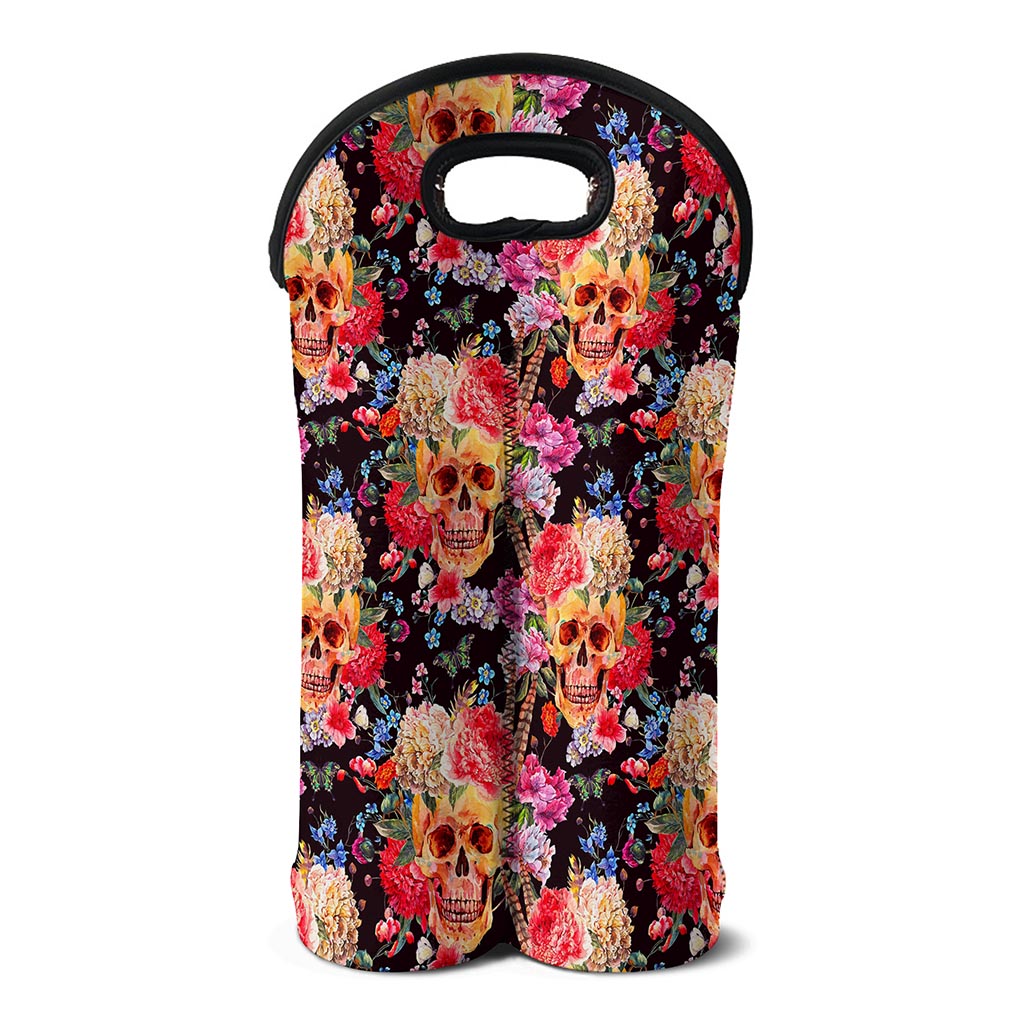 Blossom Peony Skull Pattern Print Double Neoprene Wine Tote