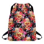 Blossom Peony Skull Pattern Print Drawstring Backpack