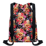 Blossom Peony Skull Pattern Print Drawstring Backpack