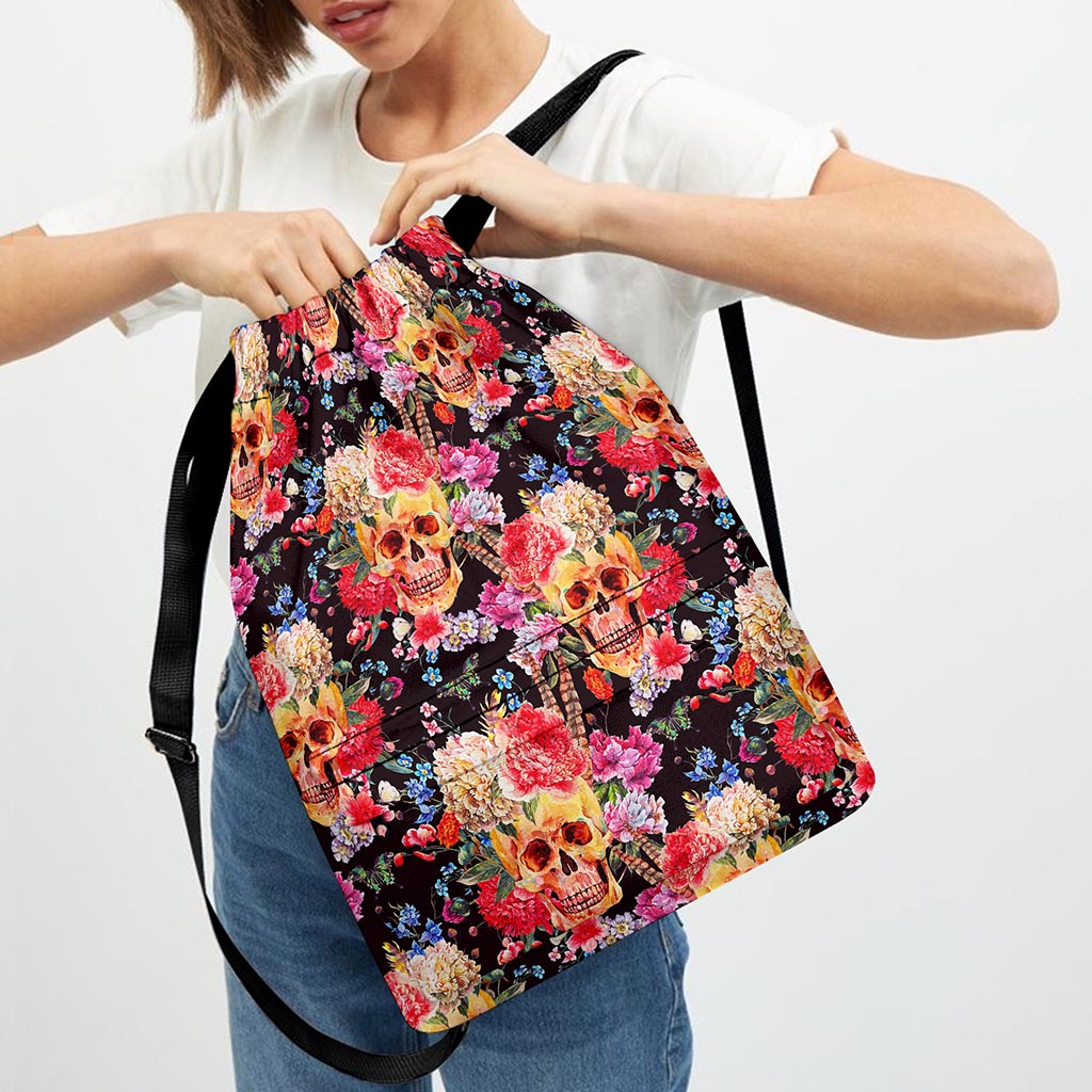 Blossom Peony Skull Pattern Print Drawstring Backpack