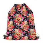 Blossom Peony Skull Pattern Print Drawstring Bag
