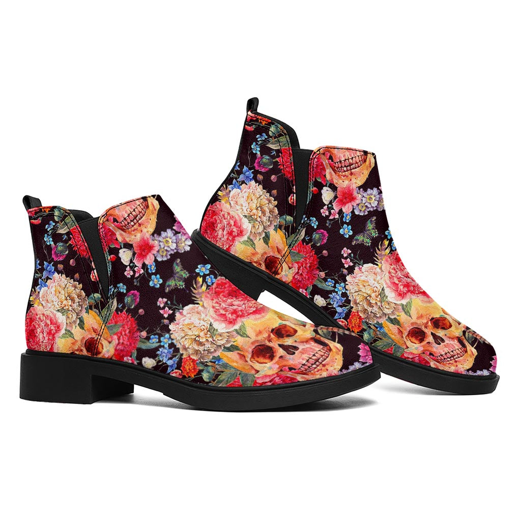 Blossom Peony Skull Pattern Print Flat Ankle Boots