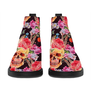 Blossom Peony Skull Pattern Print Flat Ankle Boots