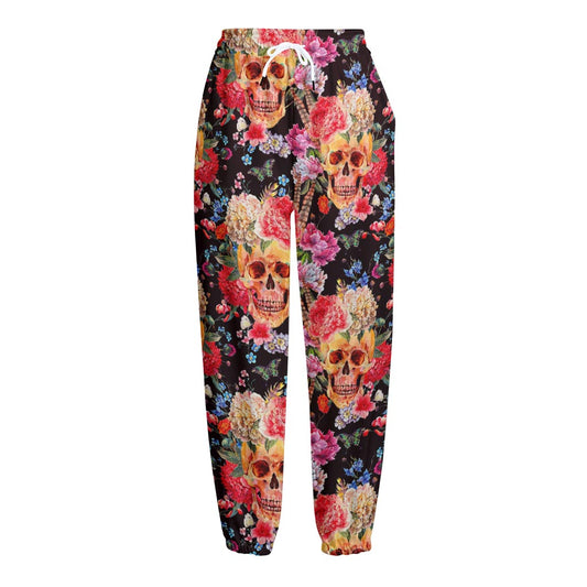 Blossom Peony Skull Pattern Print Fleece Lined Knit Pants