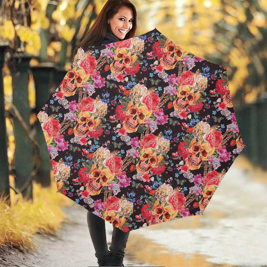 Blossom Peony Skull Pattern Print Foldable Umbrella
