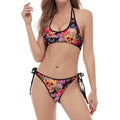 Blossom Peony Skull Pattern Print Halter Scoop Tie Side Bikini