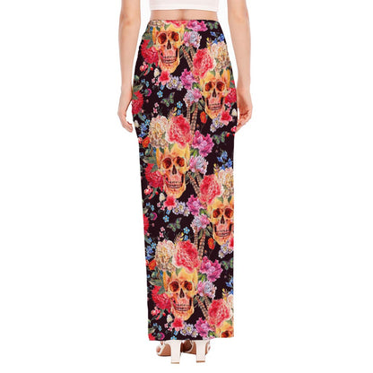 Blossom Peony Skull Pattern Print High Slit Maxi Skirt