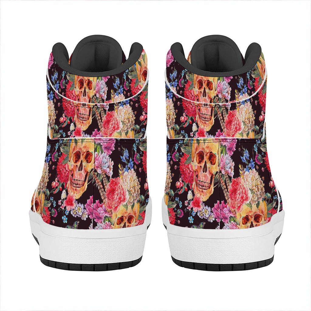 Blossom Peony Skull Pattern Print High Top Leather Sneakers