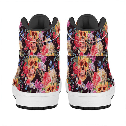 Blossom Peony Skull Pattern Print High Top Leather Sneakers