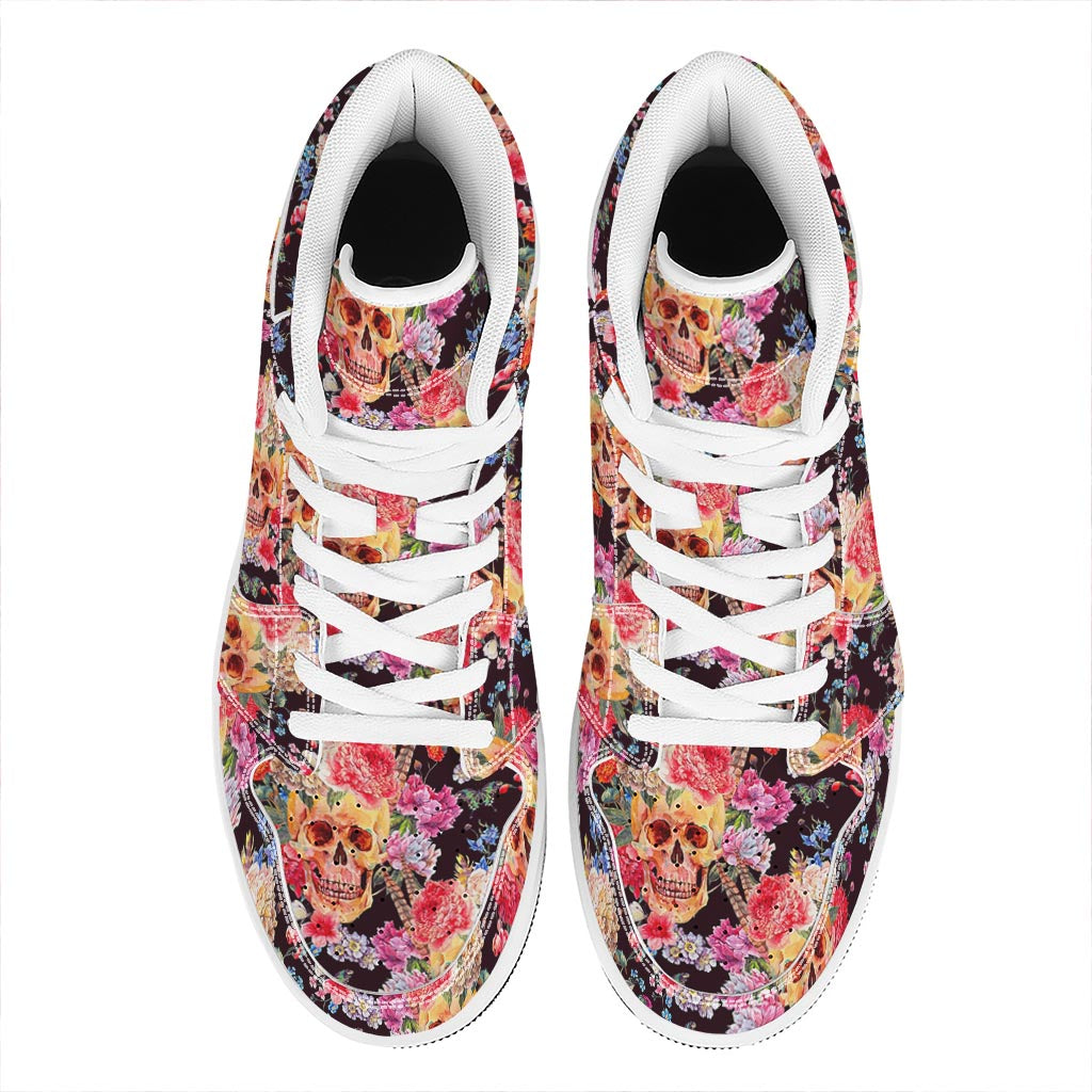 Blossom Peony Skull Pattern Print High Top Leather Sneakers