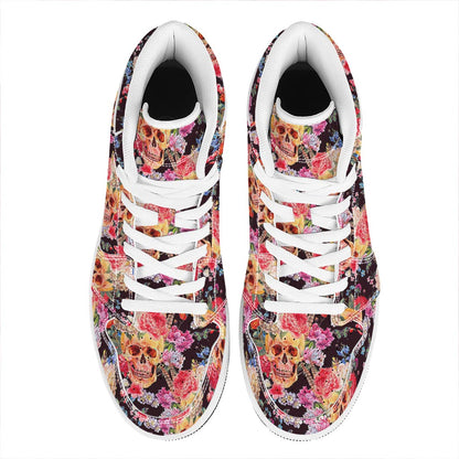 Blossom Peony Skull Pattern Print High Top Leather Sneakers
