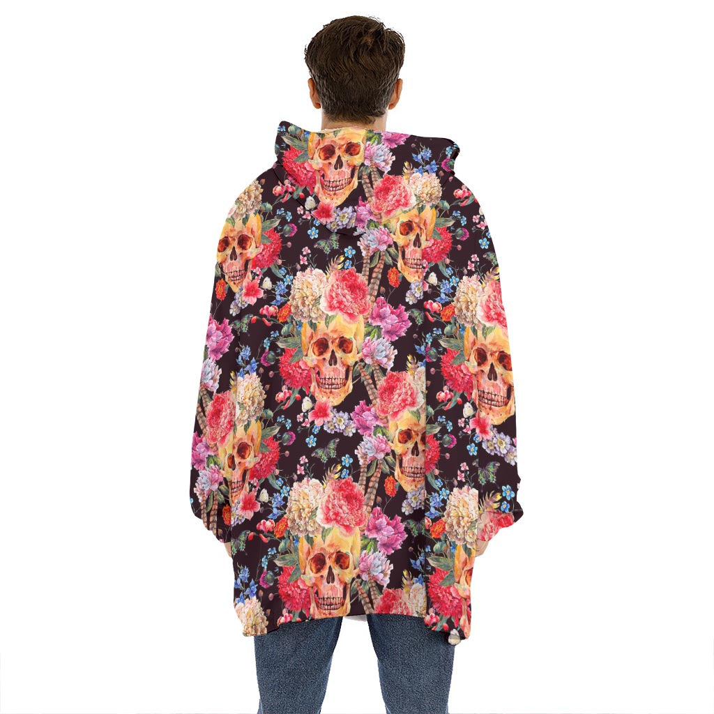 Blossom Peony Skull Pattern Print Hoodie Blanket