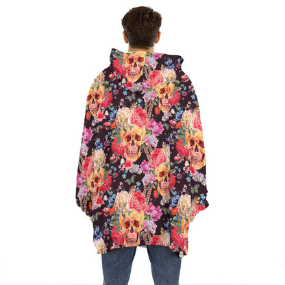 Blossom Peony Skull Pattern Print Hoodie Blanket