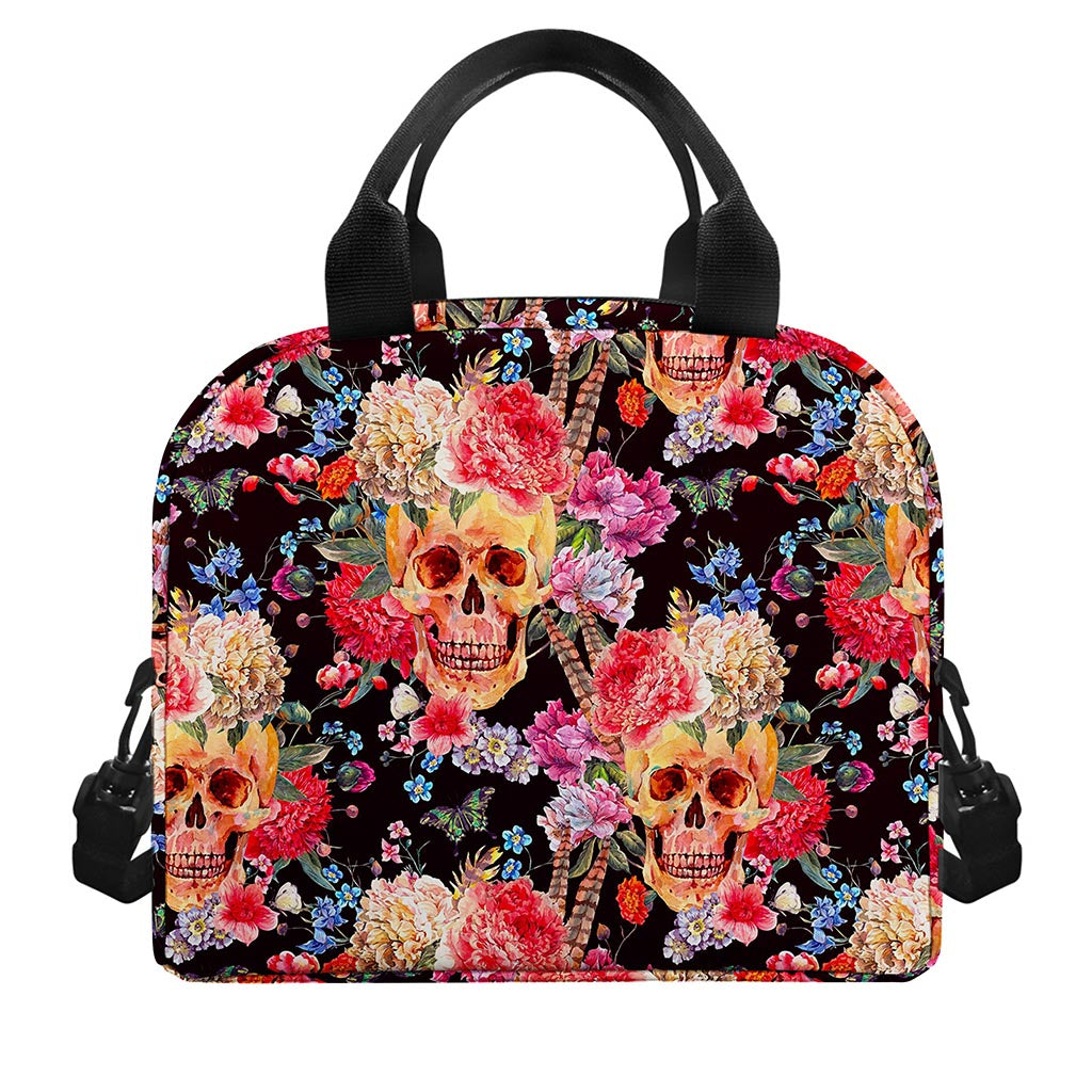 Blossom Peony Skull Pattern Print Insulated Lunch Bag
