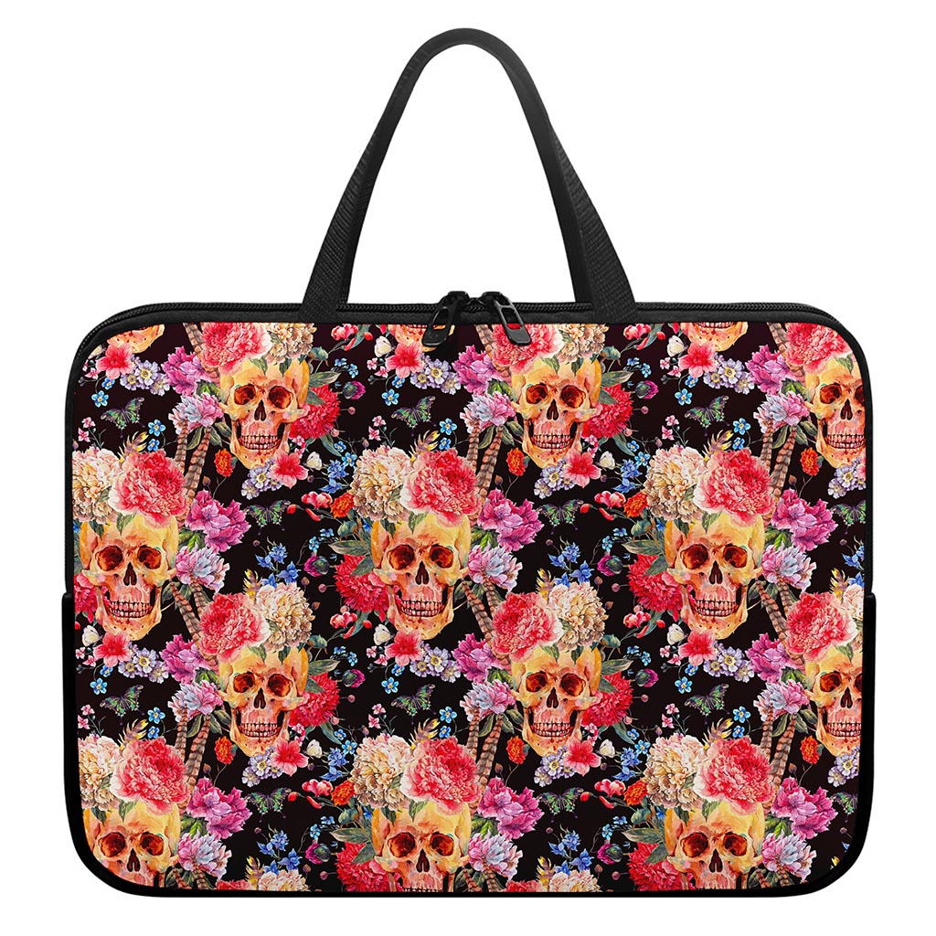 Blossom Peony Skull Pattern Print Laptop Sleeve With Handle