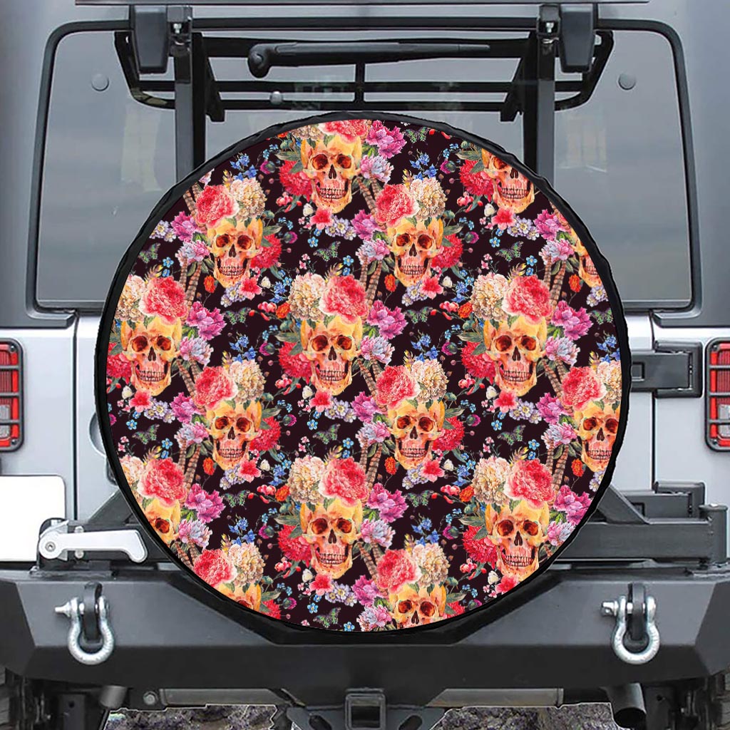 Blossom Peony Skull Pattern Print Leather Spare Tire Cover