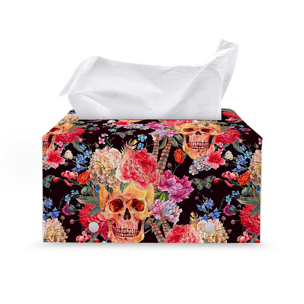 Blossom Peony Skull Pattern Print Leather Tissue Box Cover