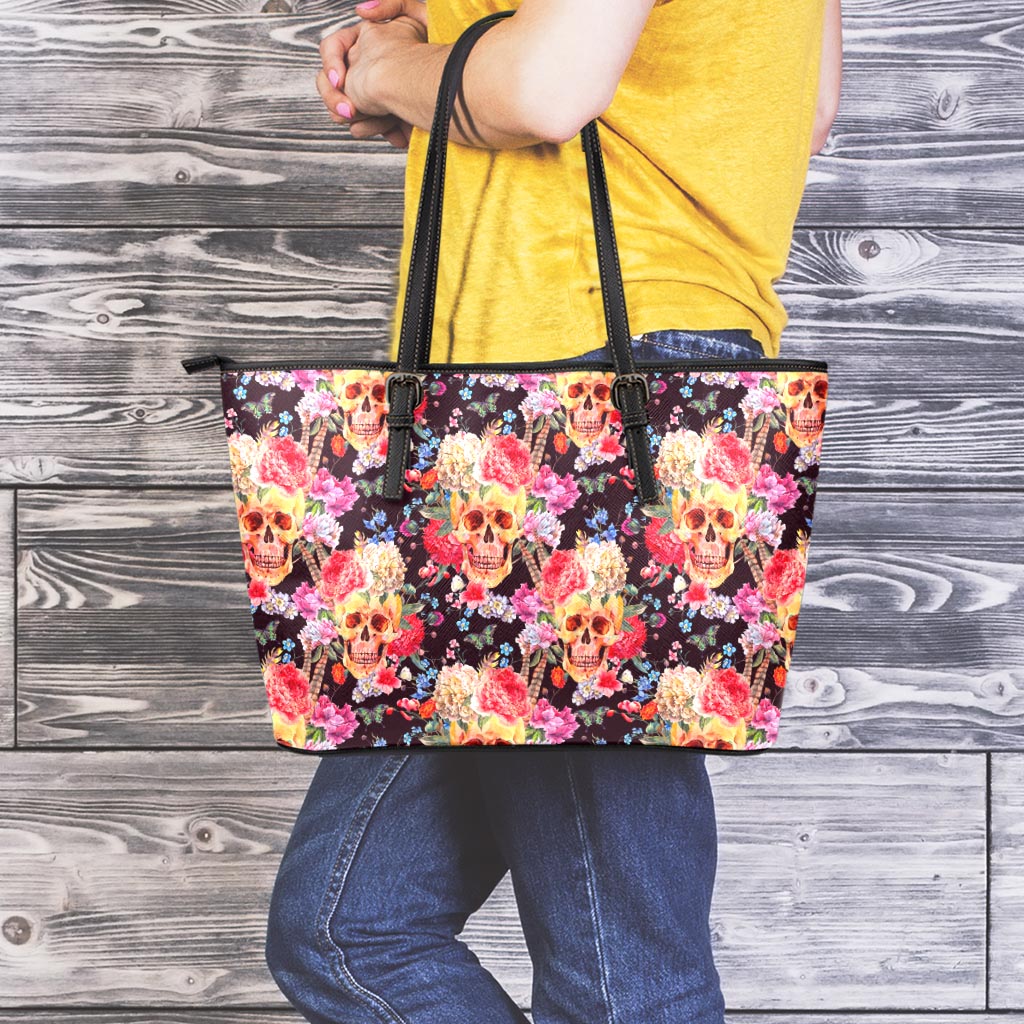 Blossom Peony Skull Pattern Print Leather Tote Bag