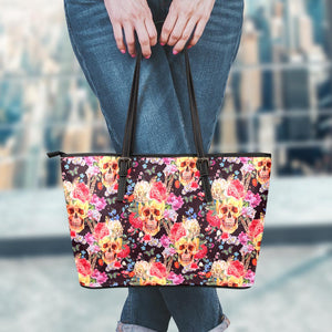 Blossom Peony Skull Pattern Print Leather Tote Bag