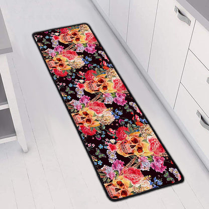 Blossom Peony Skull Pattern Print Long Kitchen Mat