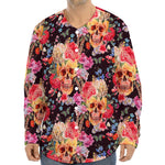 Blossom Peony Skull Pattern Print Long Sleeve Baseball Jersey