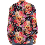 Blossom Peony Skull Pattern Print Long Sleeve Baseball Jersey