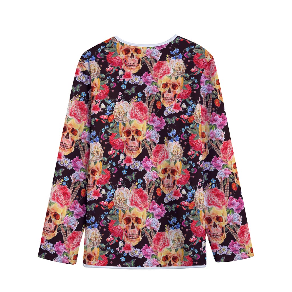 Blossom Peony Skull Pattern Print Long Sleeve Short Coat