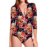 Blossom Peony Skull Pattern Print Long Sleeve Swimsuit