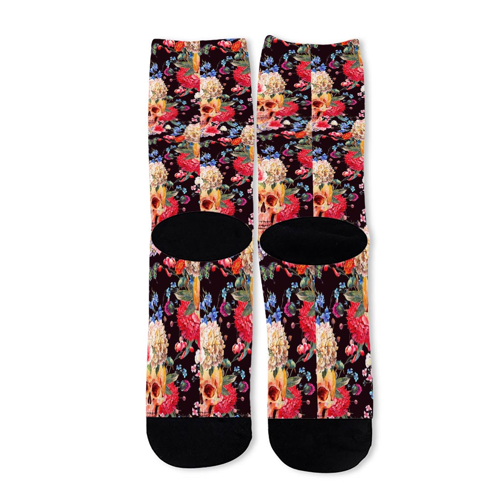 Blossom Peony Skull Pattern Print Long Socks