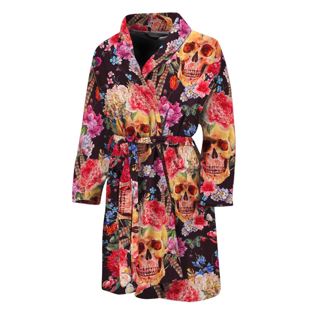 Blossom Peony Skull Pattern Print Men's Bathrobe