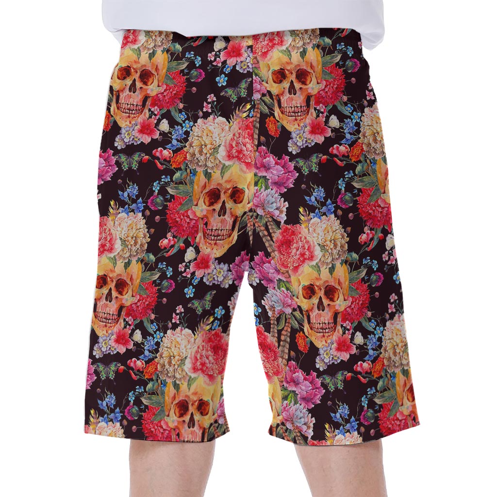 Blossom Peony Skull Pattern Print Men's Beach Shorts