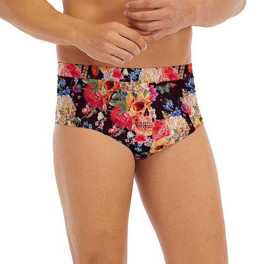 Blossom Peony Skull Pattern Print Men's Briefs