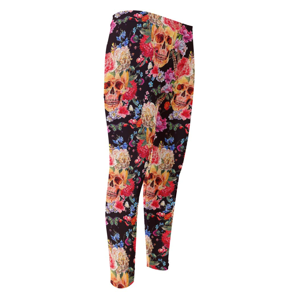 Blossom Peony Skull Pattern Print Men's Compression Pants