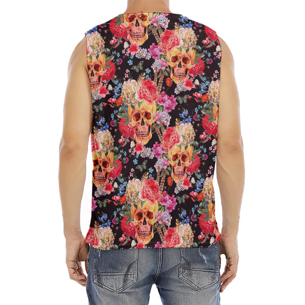 Blossom Peony Skull Pattern Print Men's Fitness Tank Top