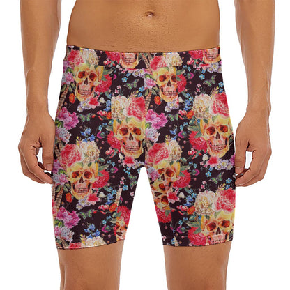 Blossom Peony Skull Pattern Print Men's Long Boxer Briefs