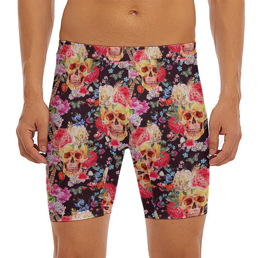 Blossom Peony Skull Pattern Print Men's Long Boxer Briefs