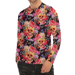 Blossom Peony Skull Pattern Print Men's Long Sleeve Rash Guard