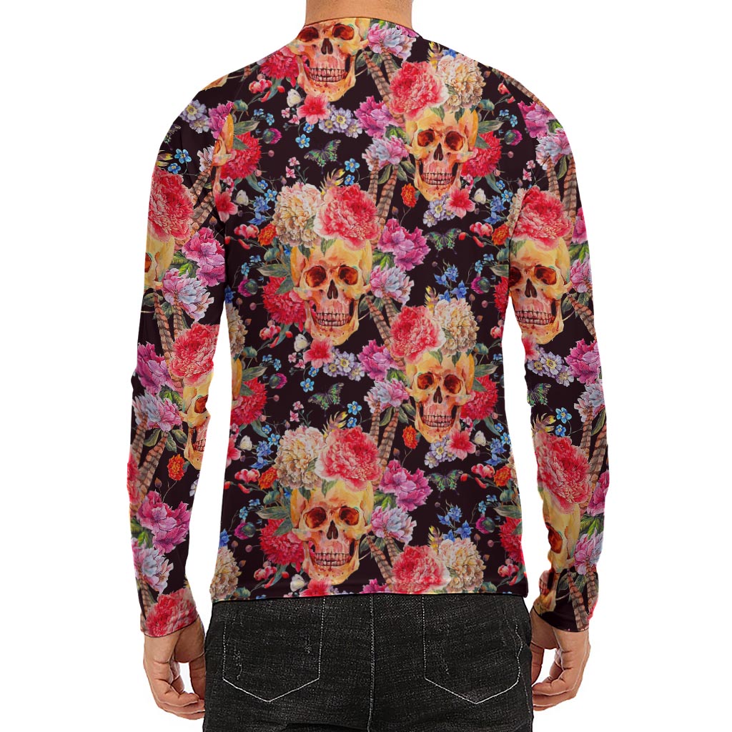 Blossom Peony Skull Pattern Print Men's Long Sleeve Rash Guard